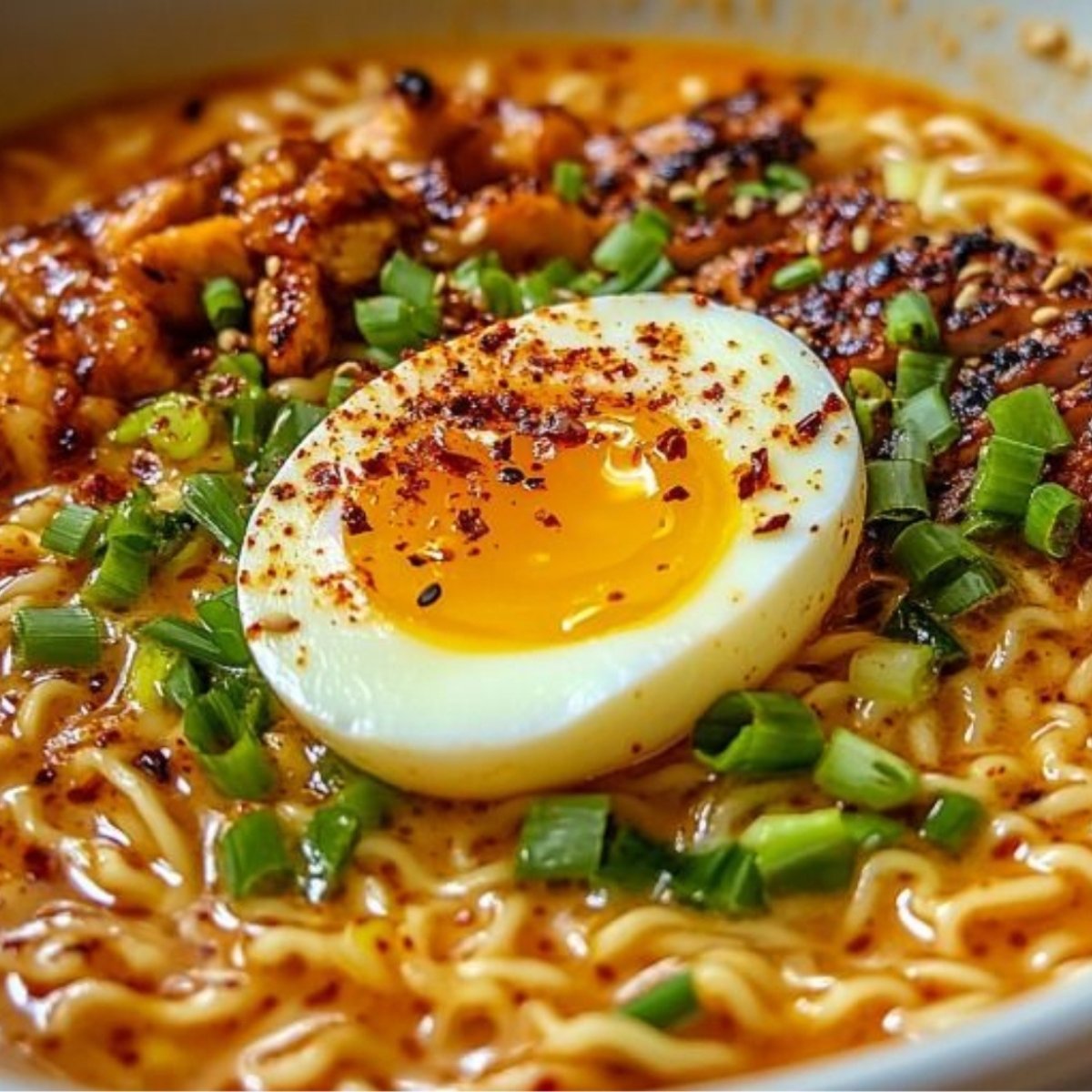 Homemade ramen noodles with spicy broth, soft-boiled egg, grilled chicken, green onions, and chili flakes.