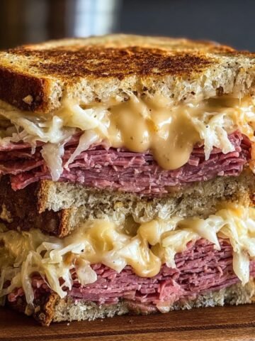Homemade Reuben sandwich stacked in halves with toasted rye bread, layered corned beef, melted Swiss cheese, sauerkraut, and dripping Russian dressing on a wooden board.