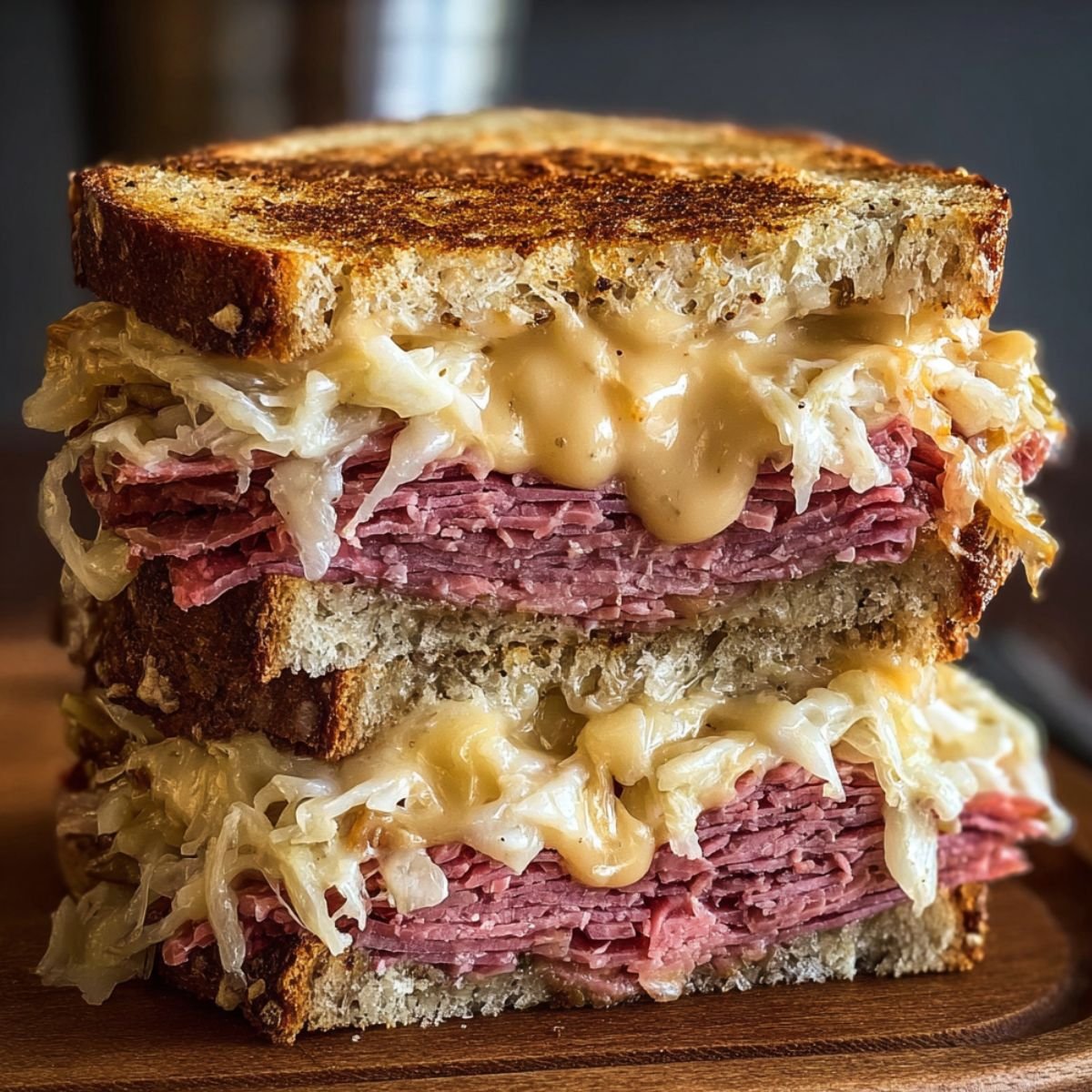 Homemade Reuben sandwich stacked in halves with toasted rye bread, layered corned beef, melted Swiss cheese, sauerkraut, and dripping Russian dressing on a wooden board.