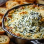 Homemade Spinach Artichoke Dip in a cast iron skillet, with a baguette slice lifting gooey, melty cheese, surrounded by toasted bread slices.