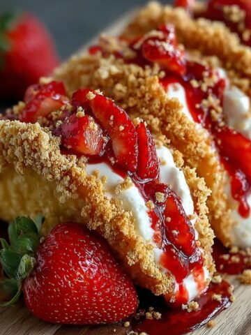 Homemade strawberry crunch cheesecake tacos with golden graham cracker-coated shells, creamy cheesecake filling, sliced strawberries, and strawberry sauce, served on a wooden board with fresh strawberries.