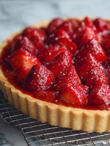 Homemade strawberry tart with a golden, fluted crust, neatly layered with glossy, syrup-coated strawberry slices arranged in a circular pattern, garnished with small green mint leaves, sitting on a wire rack over a white marble surface.