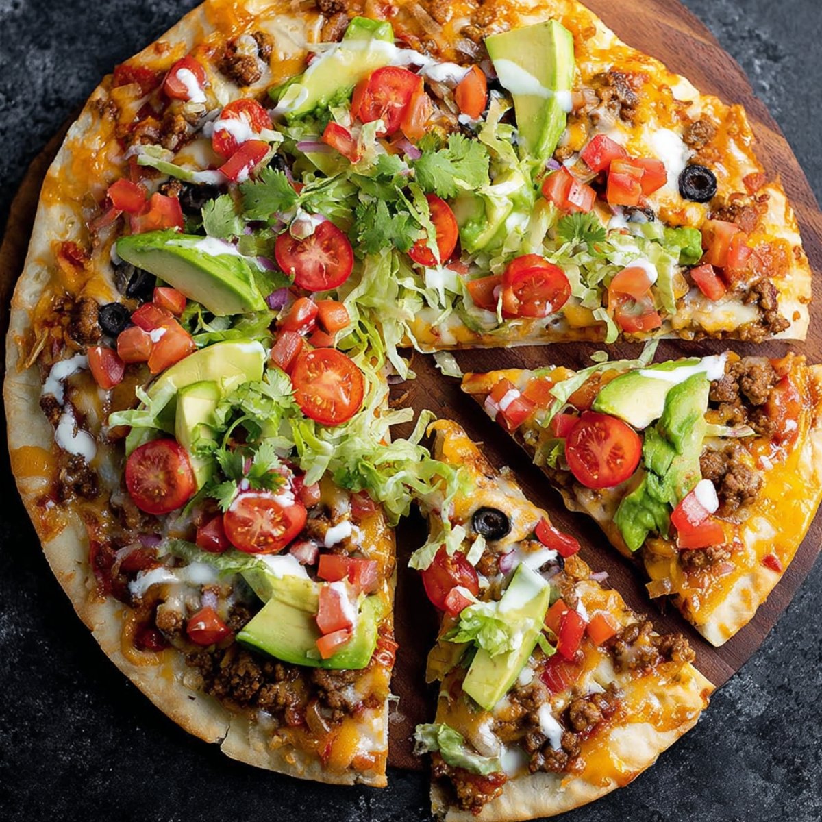 Homemade taco pizza topped with ground beef, cheese, lettuce, tomatoes, avocado, and sour cream on a wooden board.