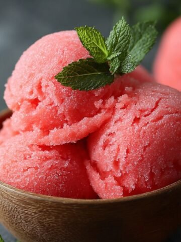 Homemade watermelon sorbet scoops in a wooden bowl, topped with fresh mint, on a dark stone surface with a gold spoon beside it.