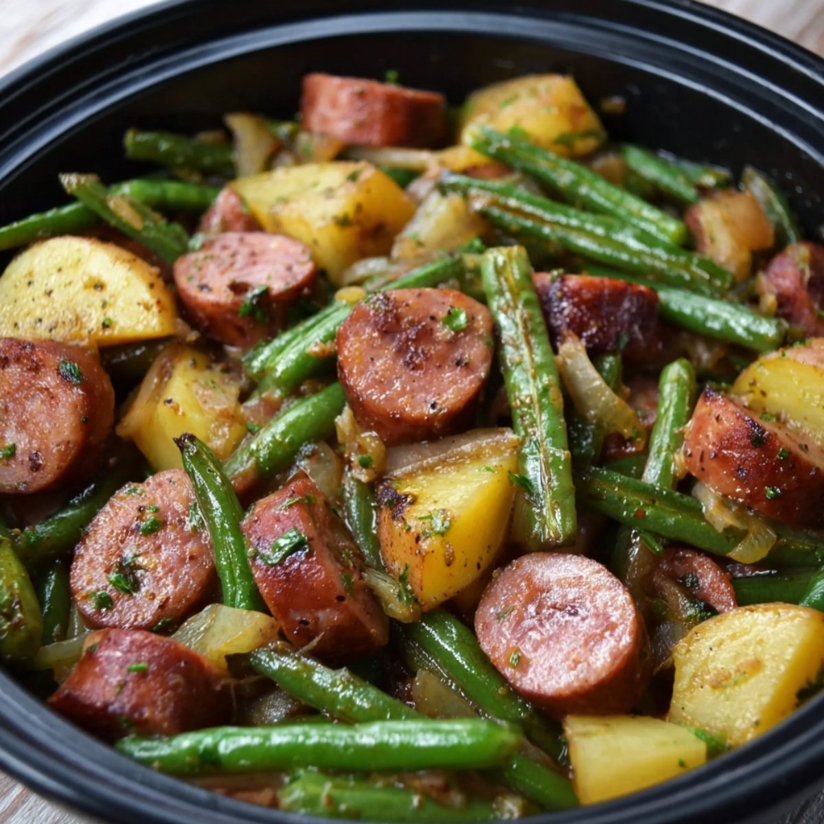 A homemade Kielbasa Green Beans and Potatoes, baby potatoes, and green beans, cooked with onions and herbs, served in a black slow cooker.