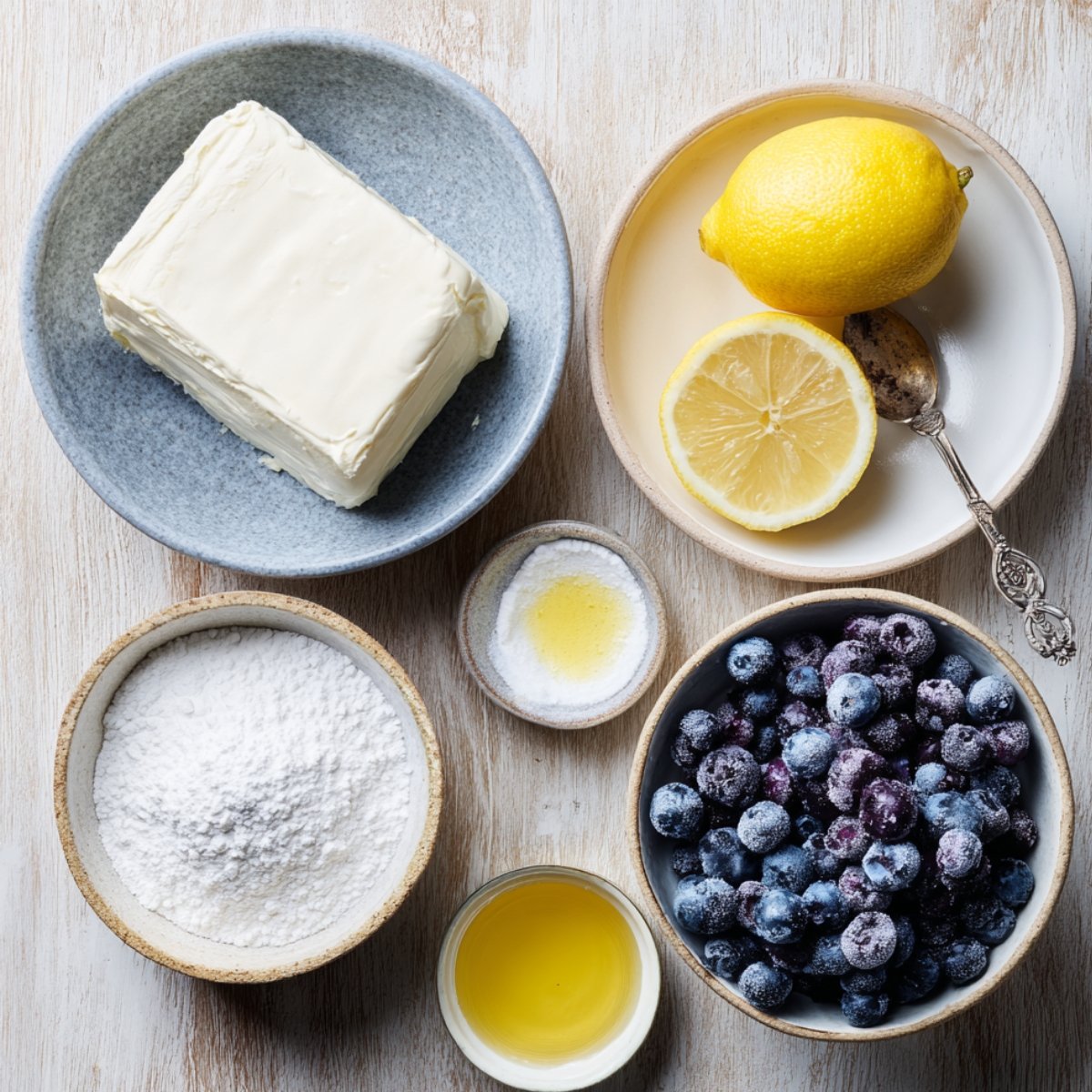 Ingredients for blueberry cheesecake swirl cookies laid out on a light wooden surface, including cream cheese, powdered sugar, lemon, vanilla, and a bowl of frozen blueberries.
