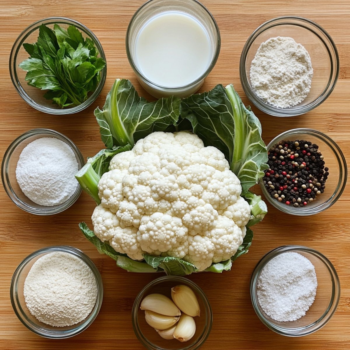 Fresh cauliflower surrounded by bowls of flour, almond milk, garlic, spices, and herbs on a wooden surface, ready for cooking.