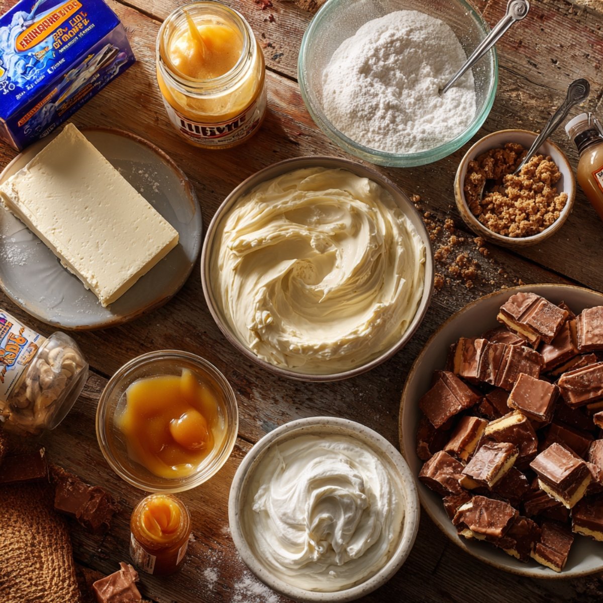 Real ingredients for homemade Butterfinger cake on a rustic wooden table, including cream cheese, powdered sugar, peanut butter, whipped topping, caramel, and chopped Butterfinger bars.
