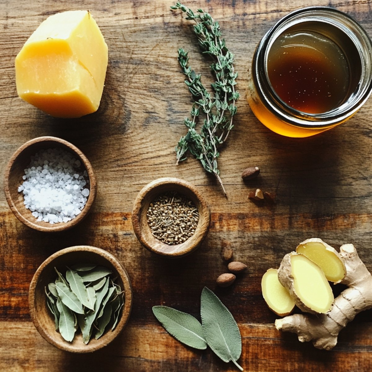 A rustic wooden board with butternut squash, thyme, maple syrup, sea salt, bay leaves, ground spices, fresh sage, and sliced ginger, all prepped for homemade soup.