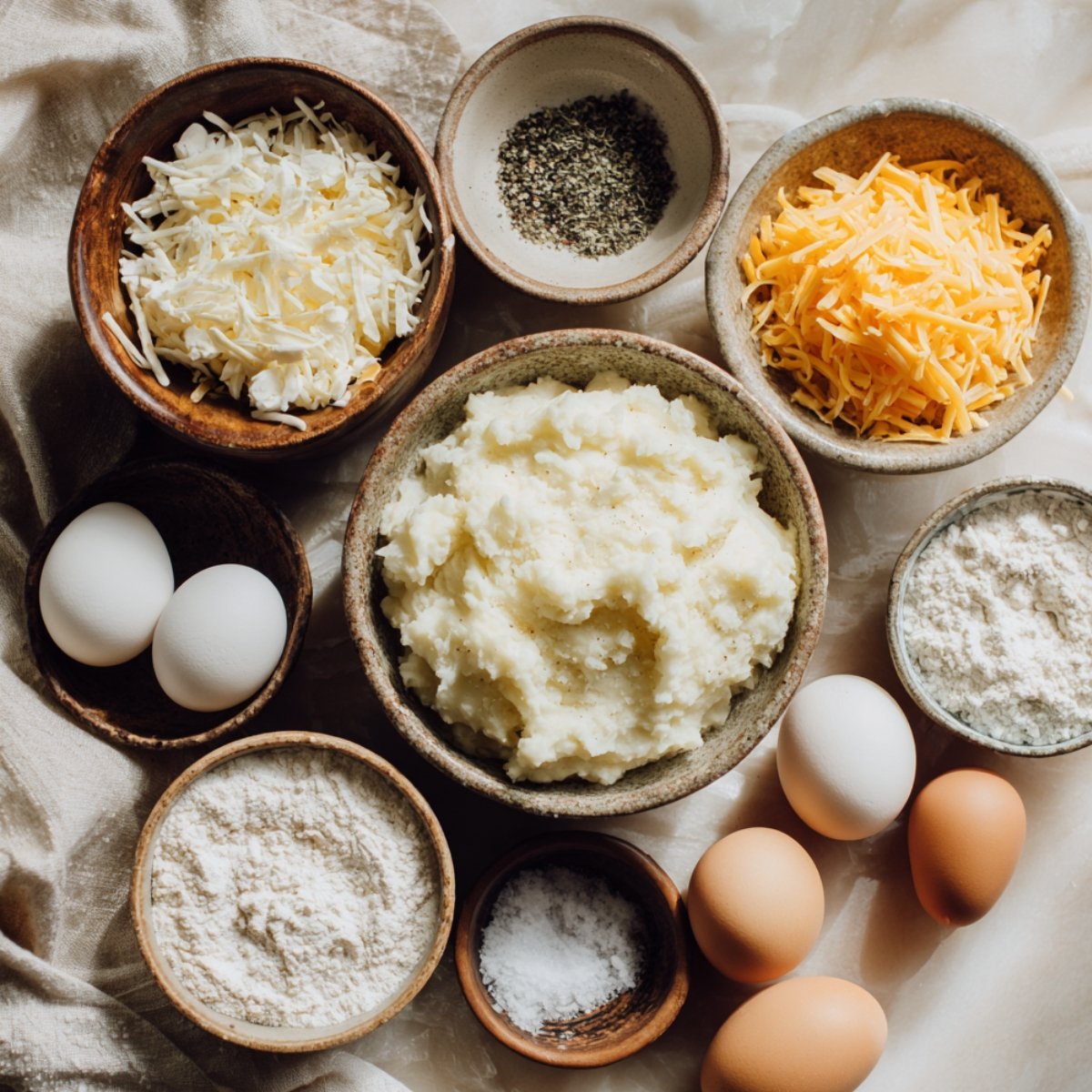 Top-down view of bowls with mashed potatoes, shredded cheese, eggs, flour, salt, and pepper on a linen cloth, lit with warm natural light—ingredients for cheesy potato pancakes.
