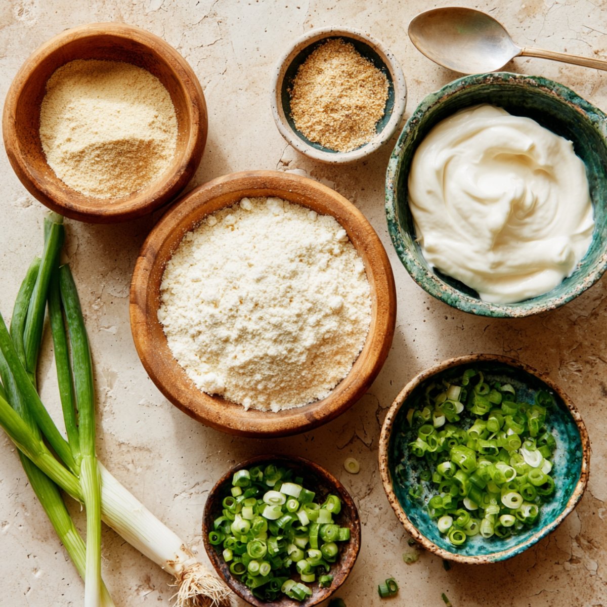 Fresh and dry extra flavor ingredients for cheesy ranch potatoes, including green onions, sour cream, and powdered seasonings arranged on a kitchen counter.