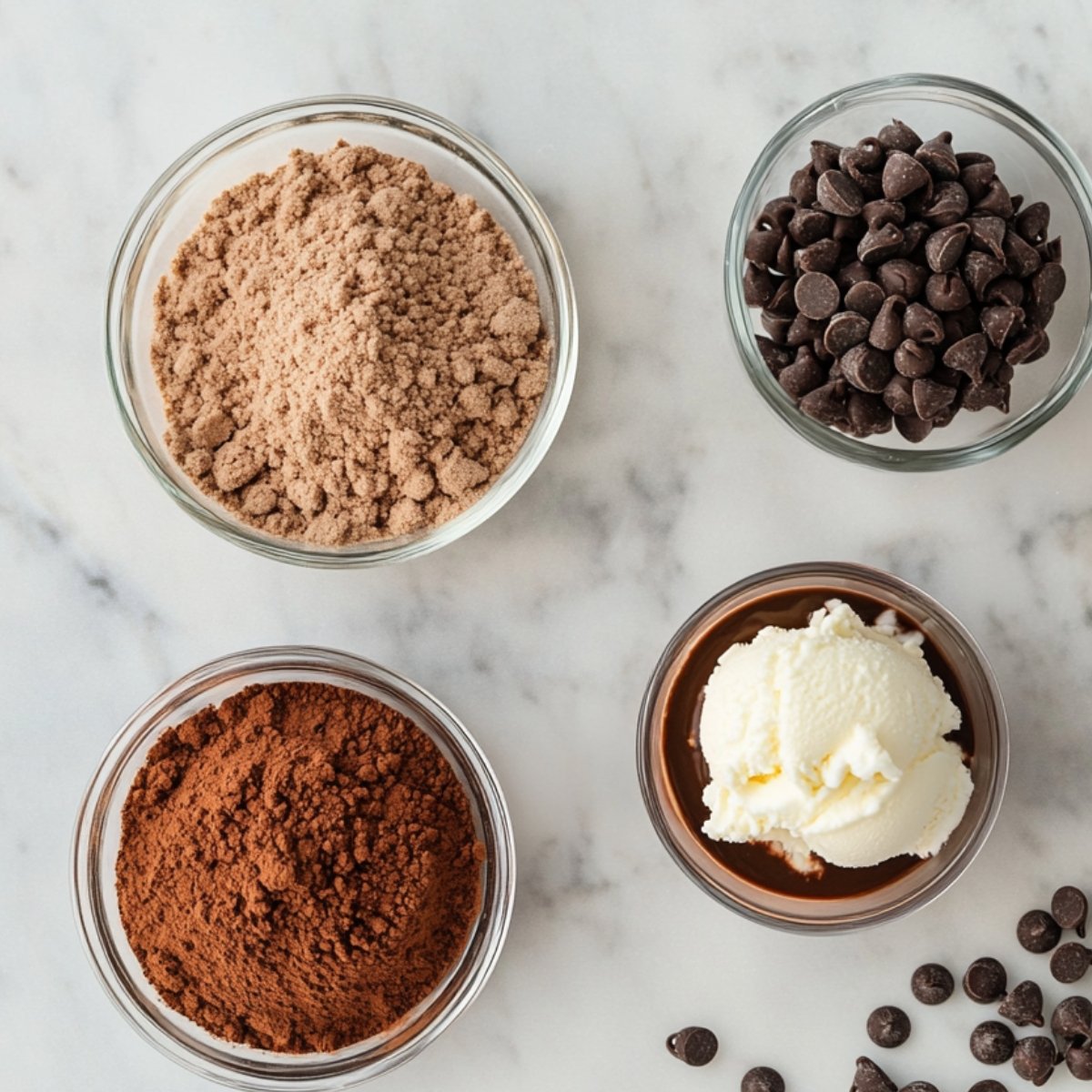 Chocolate pudding cake toppings and mix-ins, including cocoa powder, brown sugar, chocolate chips, and a scoop of vanilla ice cream, arranged in clear bowls on marble.