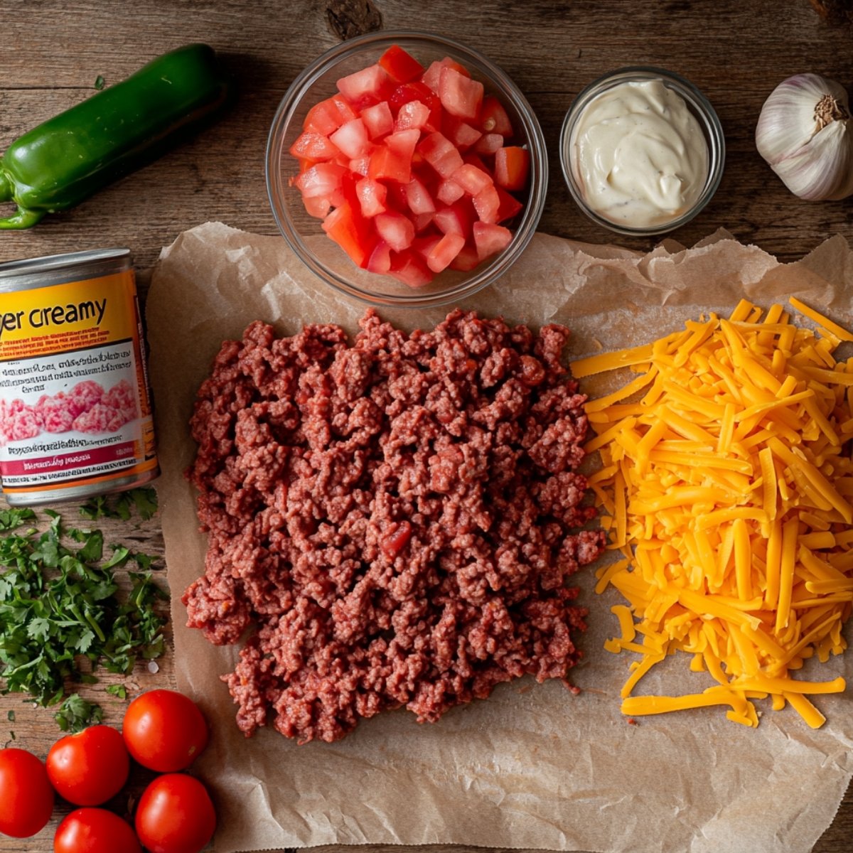 Uncooked ingredients for Dorito casserole on a wooden surface, including ground beef, shredded cheddar, diced tomatoes, sour cream, a can of creamy soup, garlic, jalapeño, tomatoes, and fresh cilantro.