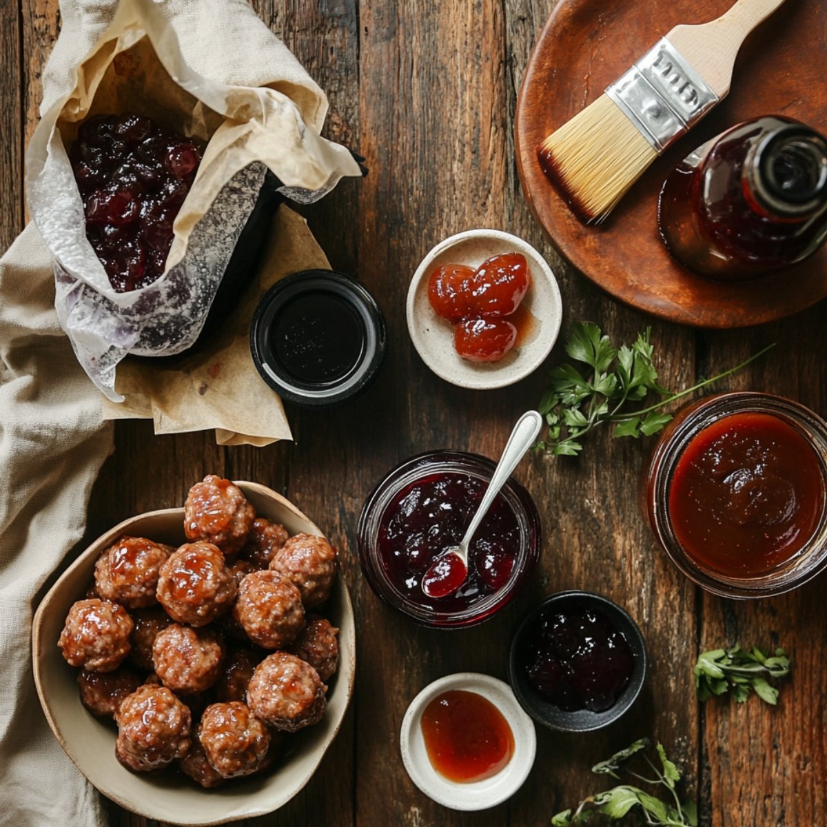 Ingredients for homemade grape jelly meatballs, including cooked meatballs, grape jelly, chili sauce, BBQ sauce, and fresh parsley on a rustic wooden table.