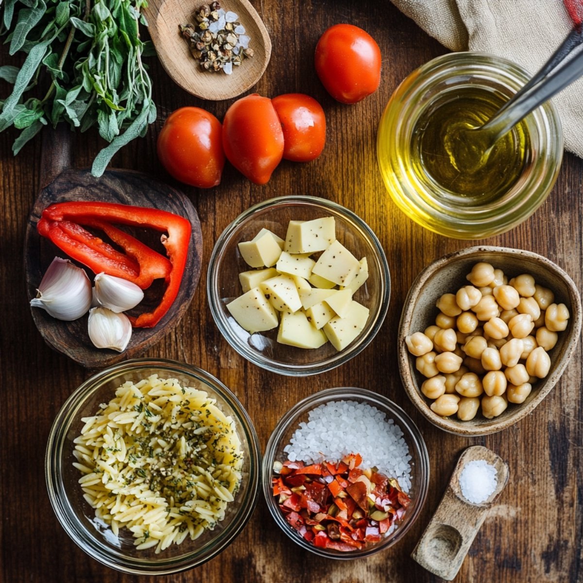 Fresh ingredients for Greek orzo salad on a wooden surface, including orzo pasta, chickpeas, red bell pepper, garlic, tomatoes, cheese cubes, olive oil, and herbs.