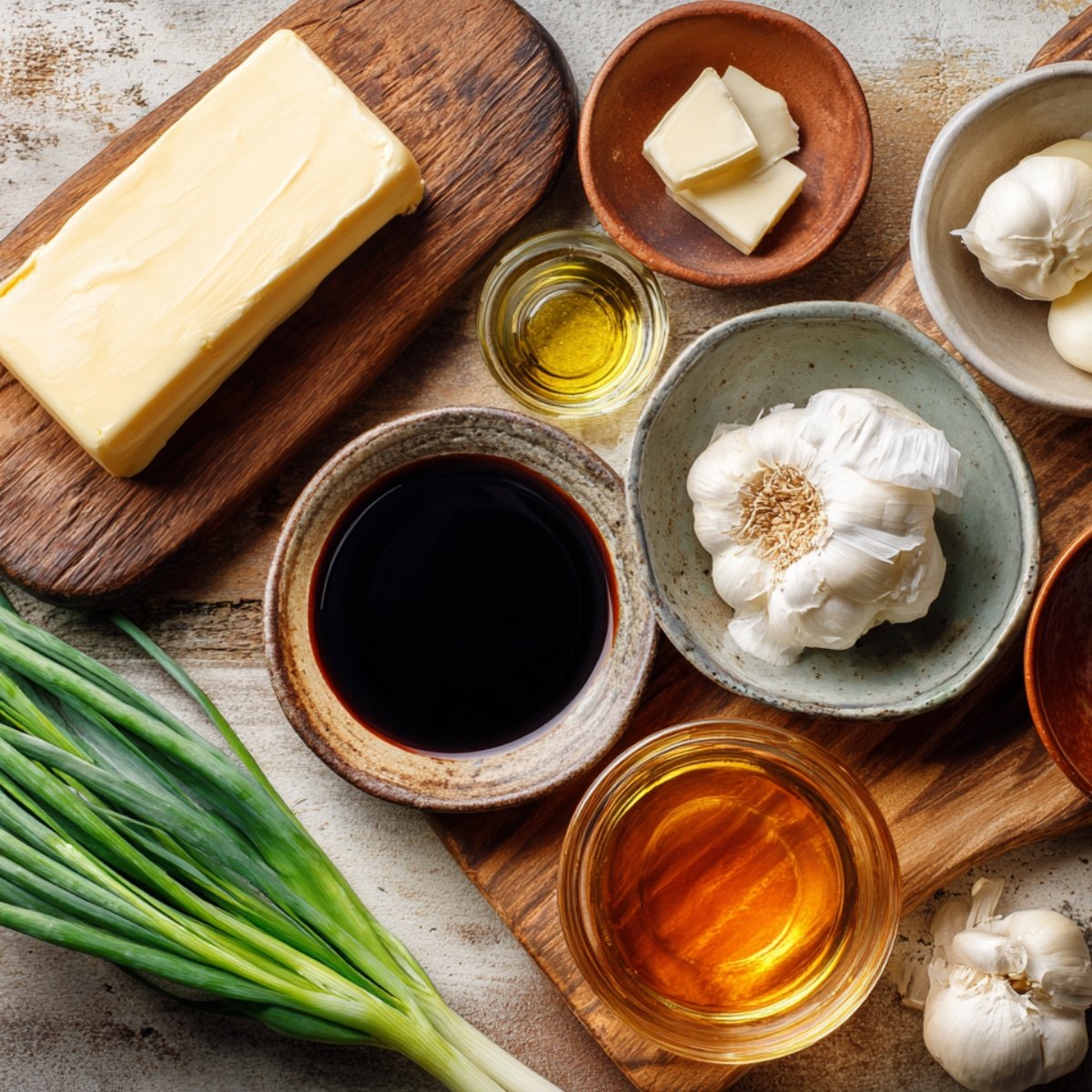 A top-down view of real cooking ingredients for honey butter chicken, including butter, soy sauce, honey, garlic, green onions, and oil, arranged in ceramic and wooden bowls on a rustic kitchen surface.