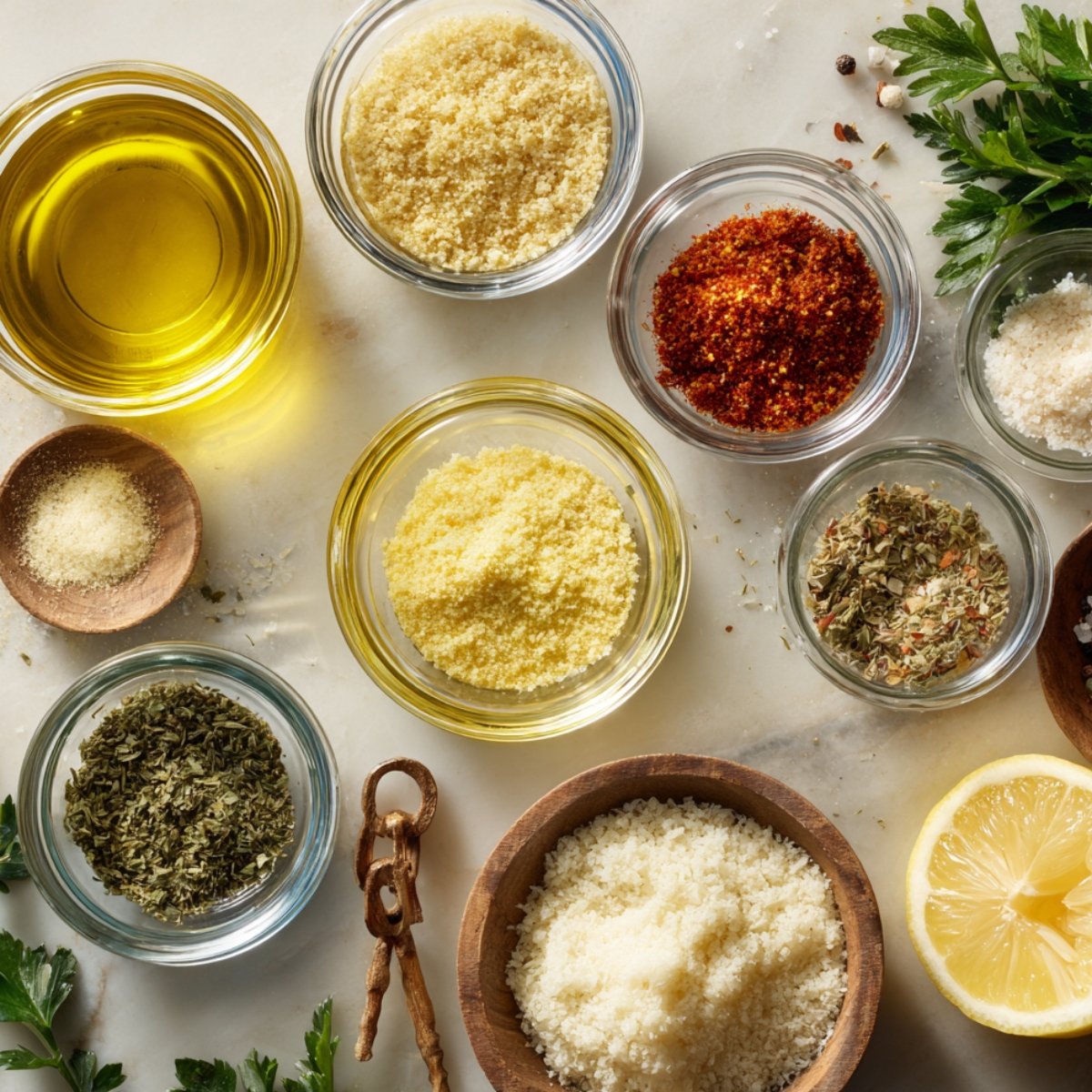 A top-down view of seasonings and garnishes including olive oil, grated Parmesan, garlic powder, herbs, chili flakes, salt, and lemon on a marble surface.