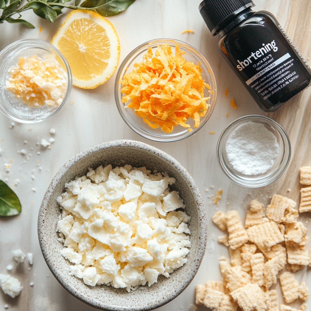 Ingredients for orange creamsicle truffles on a light surface, including crumbled white chocolate, orange zest, powdered sugar, shortening, and crushed vanilla wafers.