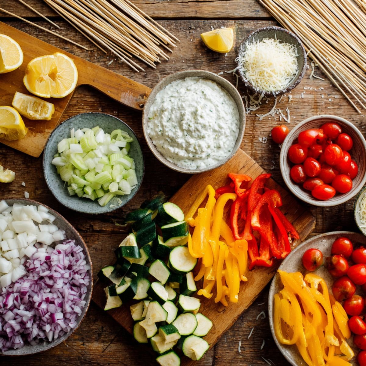 Fresh chopped vegetables, lemon wedges, ranch dip, grated parmesan, and wooden skewers arranged on a rustic wooden table for prepping homemade ranch garlic parmesan chicken skewers.