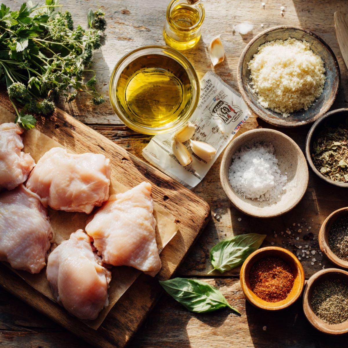 Fresh ingredients for ranch garlic parmesan chicken skewers laid out on a rustic wooden table, including raw chicken thighs, olive oil, garlic cloves, grated parmesan, herbs, salt, pepper, and seasoning blends.