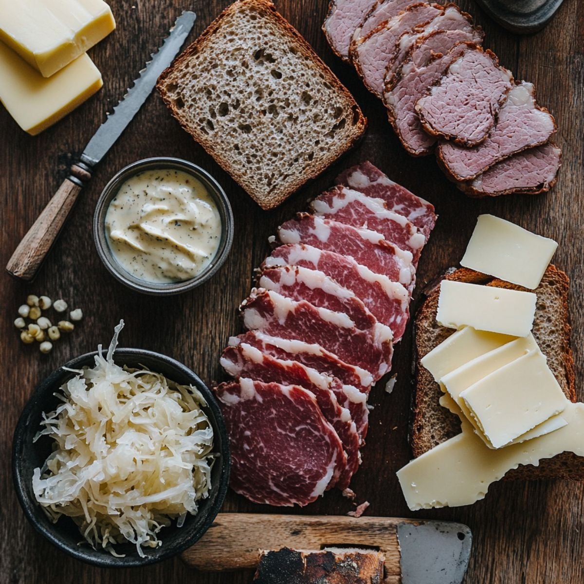 Overhead view of Reuben sandwich ingredients on a wooden surface, including rye bread, sliced corned beef, Swiss cheese, sauerkraut, creamy dressing, and butter. Everything looks fresh, rustic, and homemade.