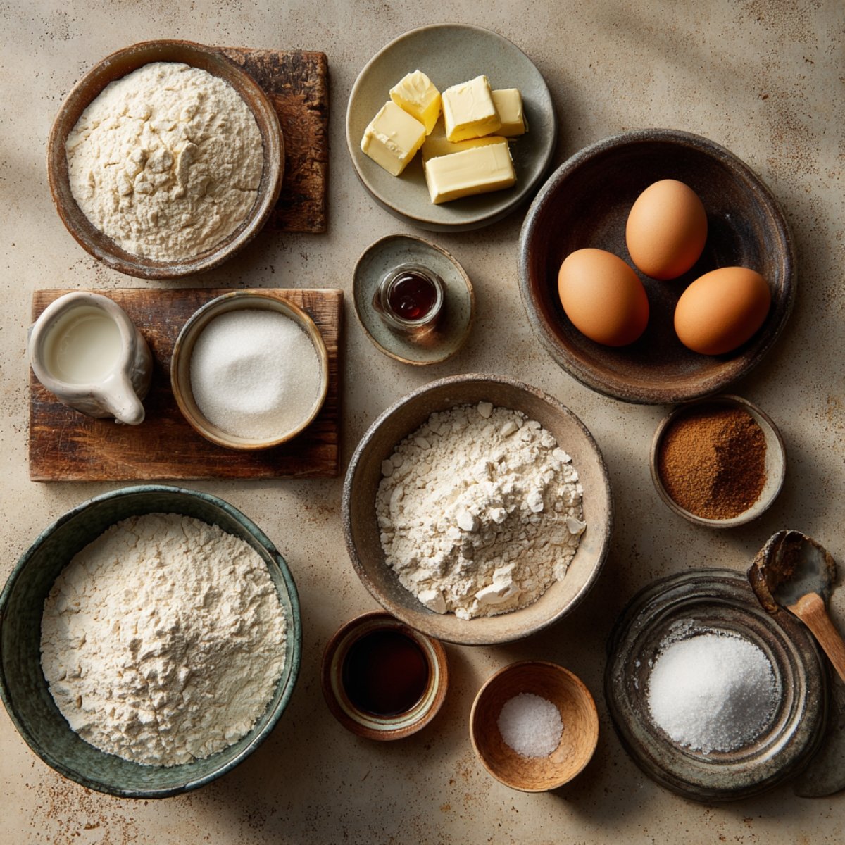Top-down view of neatly arranged ingredients for homemade salted caramel cheesecake cookies, including flour, butter, eggs, sugars, milk, and vanilla.