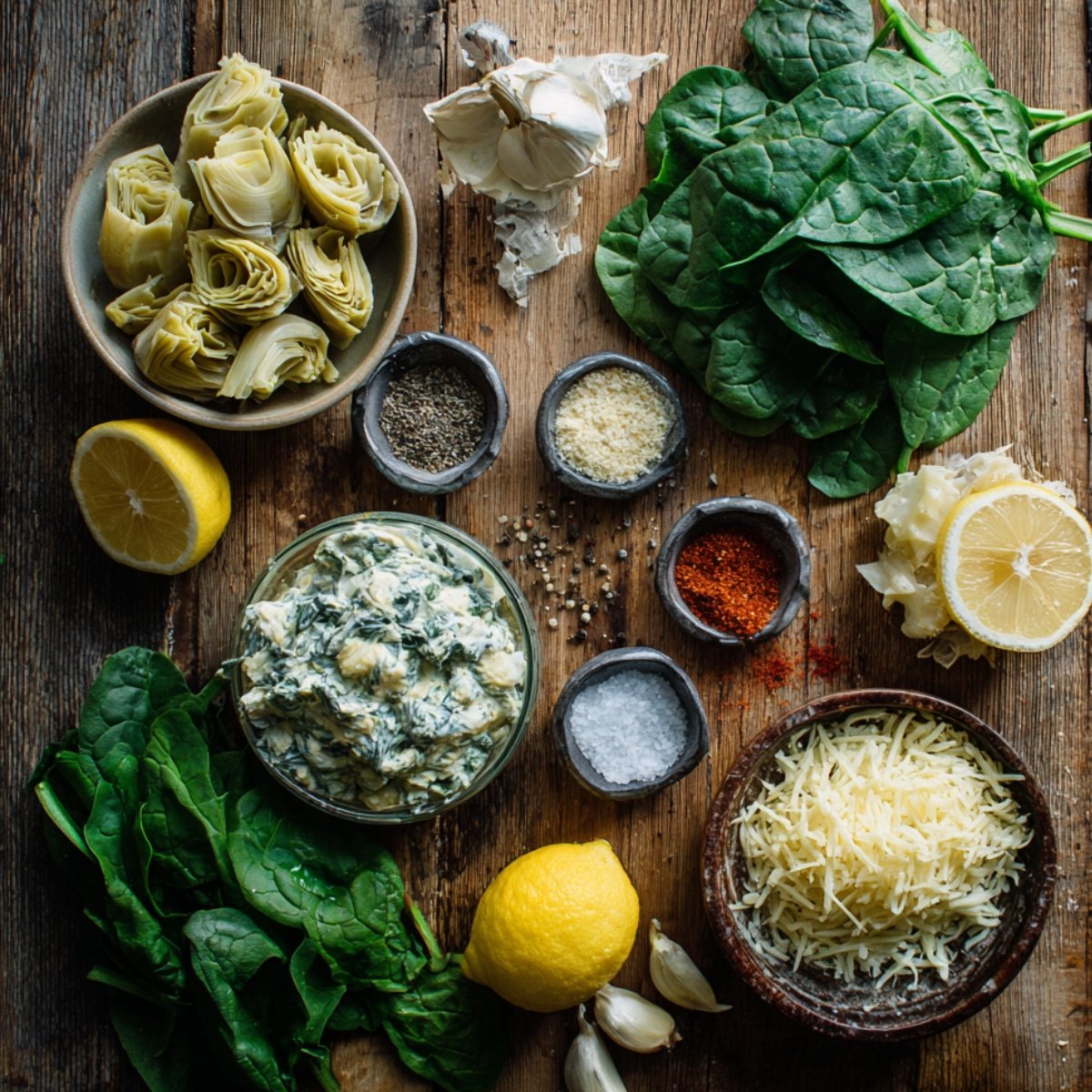 Overhead view of spinach artichoke dip ingredients on a rustic wooden table: spinach, artichokes, garlic, lemon, cheese, spices, and a bowl of creamy dip.
