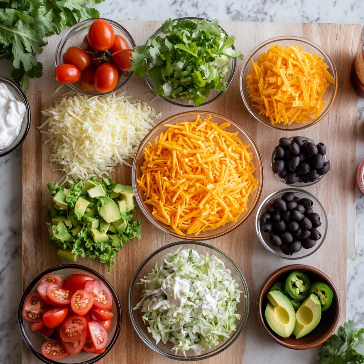 Taco pizza toppings on a wooden board, including shredded cheeses, lettuce, tomatoes, avocado, olives, jalapeños, and sour cream.