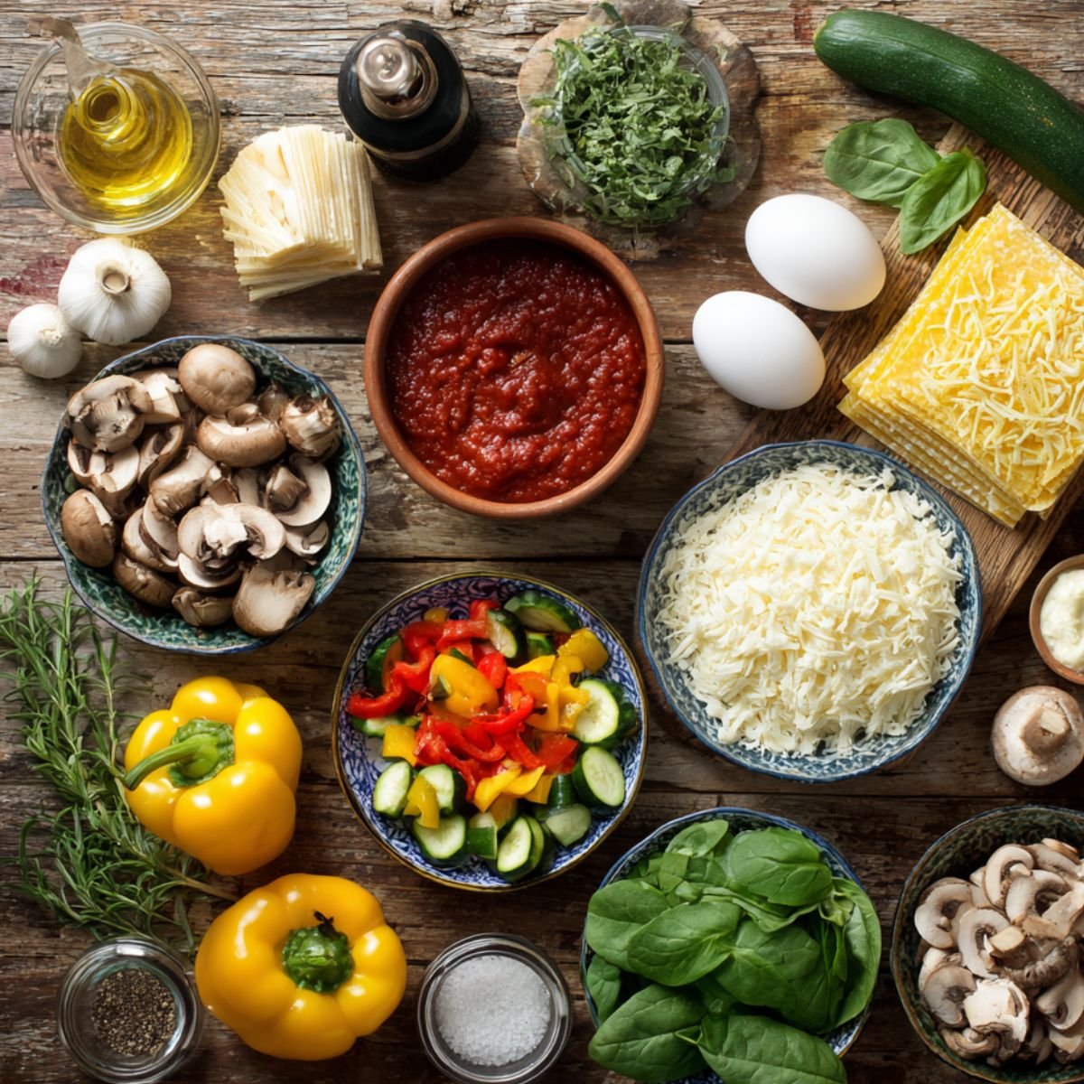 Fresh vegetable lasagna ingredients on a rustic wooden table, including mushrooms, bell peppers, zucchini, spinach, marinara, shredded cheese, lasagna sheets, eggs, garlic, herbs, and oil.