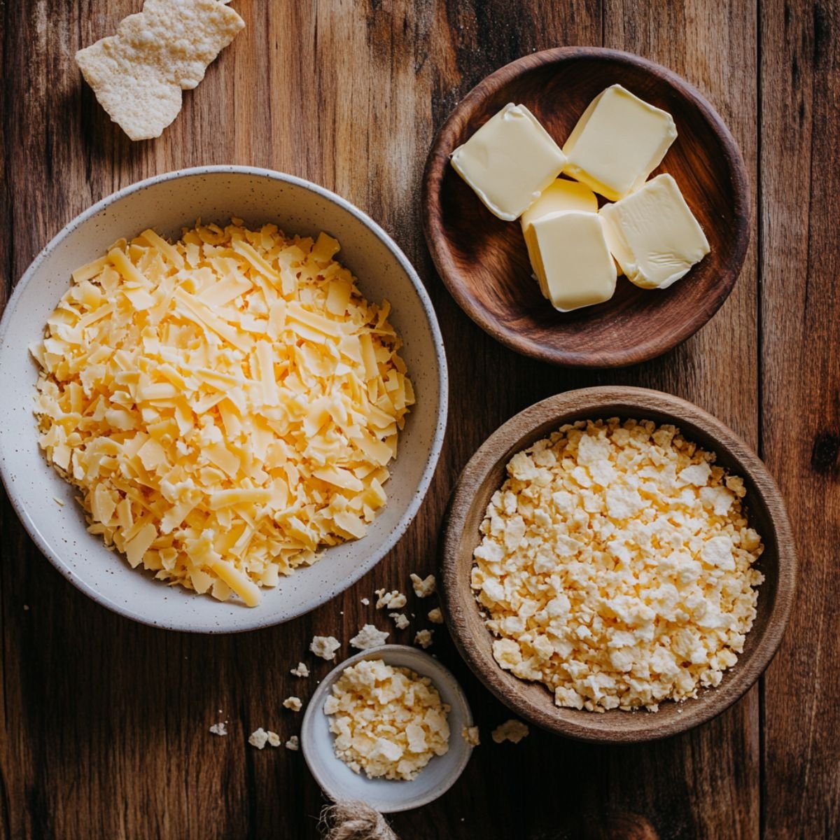 Shredded cheese, crushed cornflakes, and butter on a wooden surface for hashbrown casserole topping.