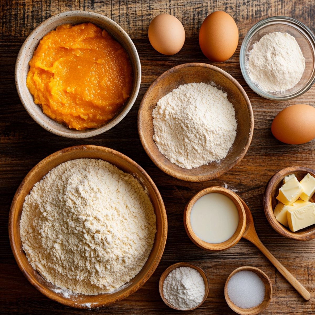 Homemade ingredients for pumpkin cinnamon rolls laid out on a wooden table—pumpkin puree, flour, eggs, butter, milk, and sugar in rustic bowls, ready for fall baking.