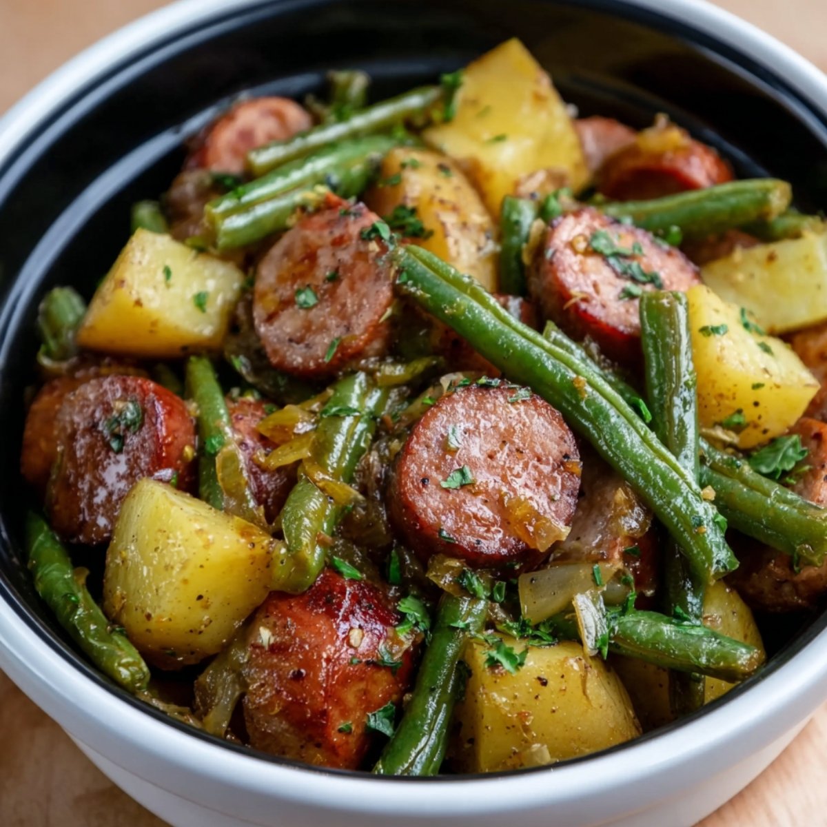 A homemade bowl of kielbasa sausage, baby potatoes, and green beans, all sautéed with onions and herbs. The sausage is browned, the potatoes are tender, and everything is seasoned and garnished with fresh parsley.