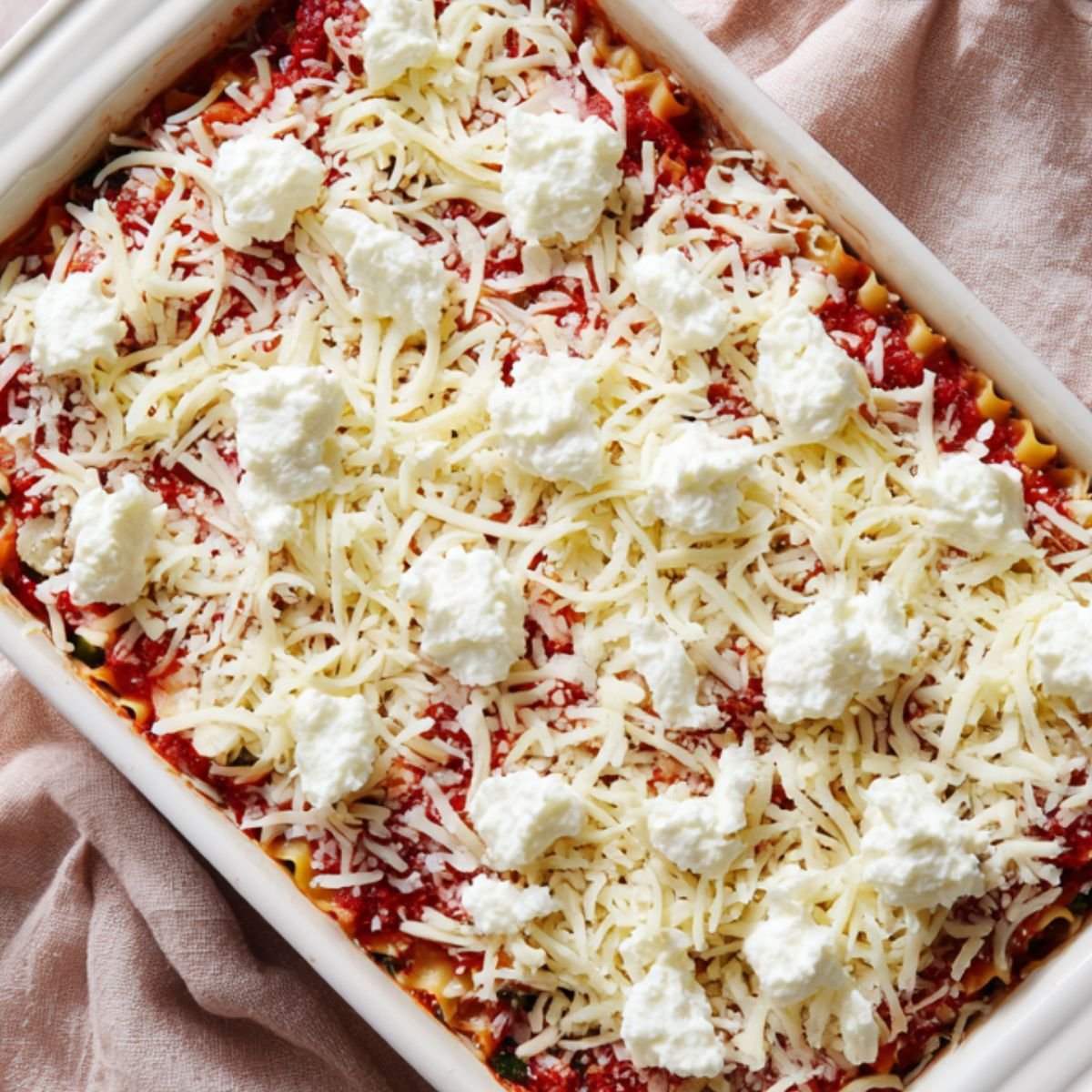 Unbaked homemade vegetable lasagna in a white dish, topped with shredded mozzarella, dollops of ricotta, and red marinara sauce, ready for the oven.