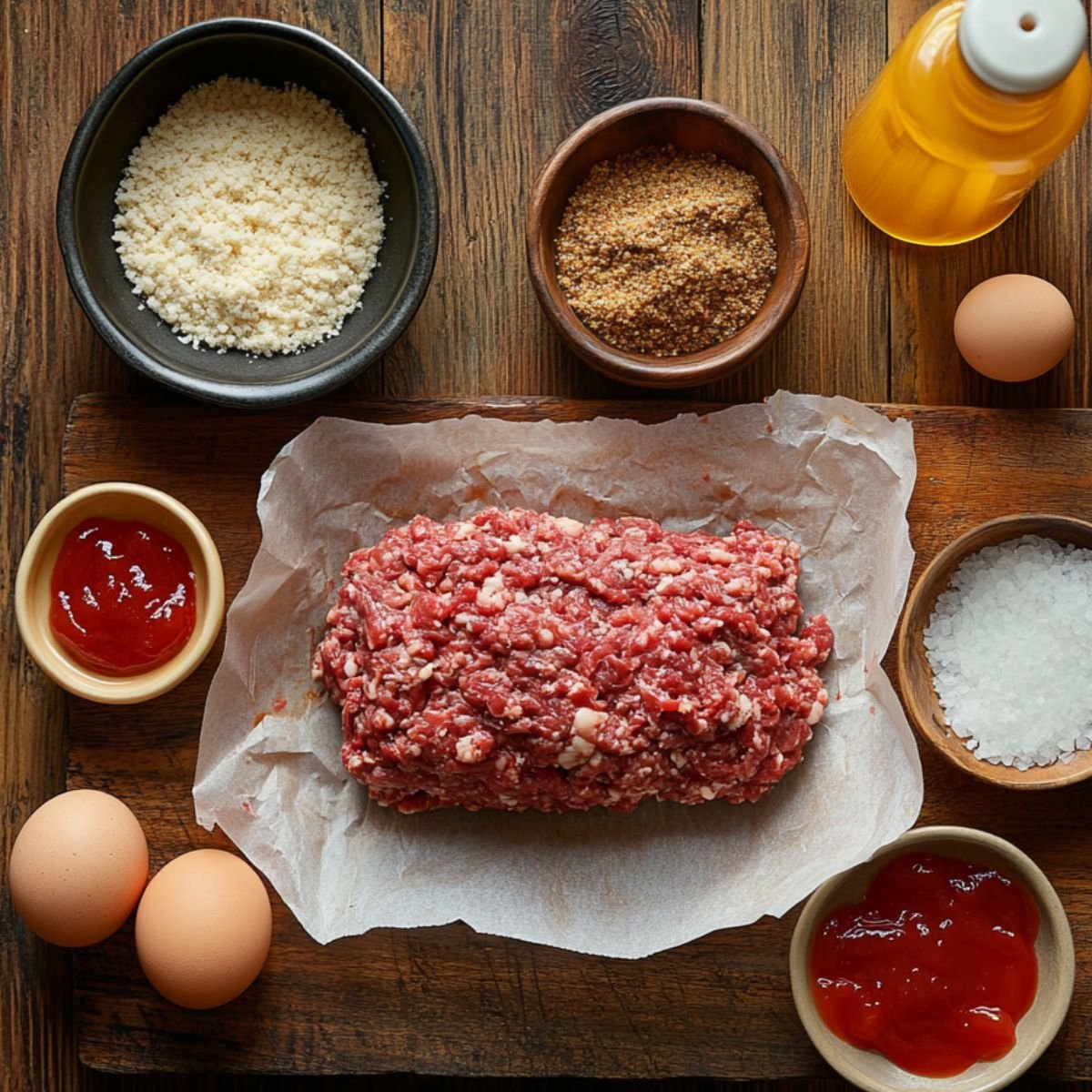 Raw meatloaf ingredients on a wooden table, including ground beef on parchment, eggs, ketchup, breadcrumbs, mustard seeds, salt, grated cheese, and a bottle of oil.