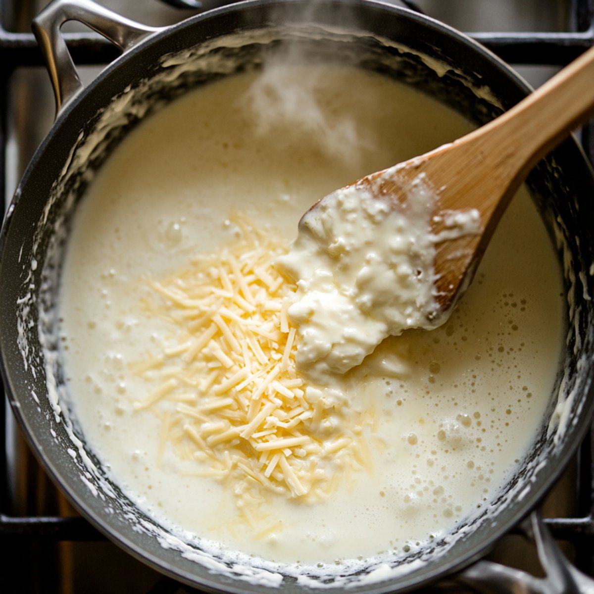 Cheese sauce cooking in a pot with shredded cheese and a wooden spoon, steam rising, creamy and homemade.