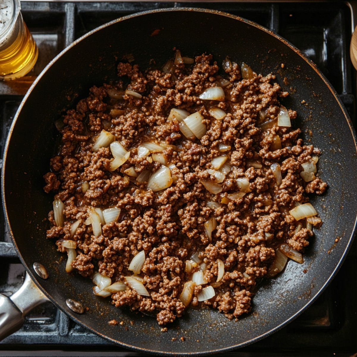 Top-down view of browned ground beef and sautéed onions in a skillet, cooked and ready for cheeseburger casserole. Warm, natural lighting gives it a homemade feel.