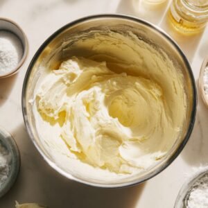 A metal mixing bowl filled with smooth, freshly whipped cheesecake filling on a light kitchen surface, surrounded by ingredients like powdered sugar, vanilla, and lemon juice.