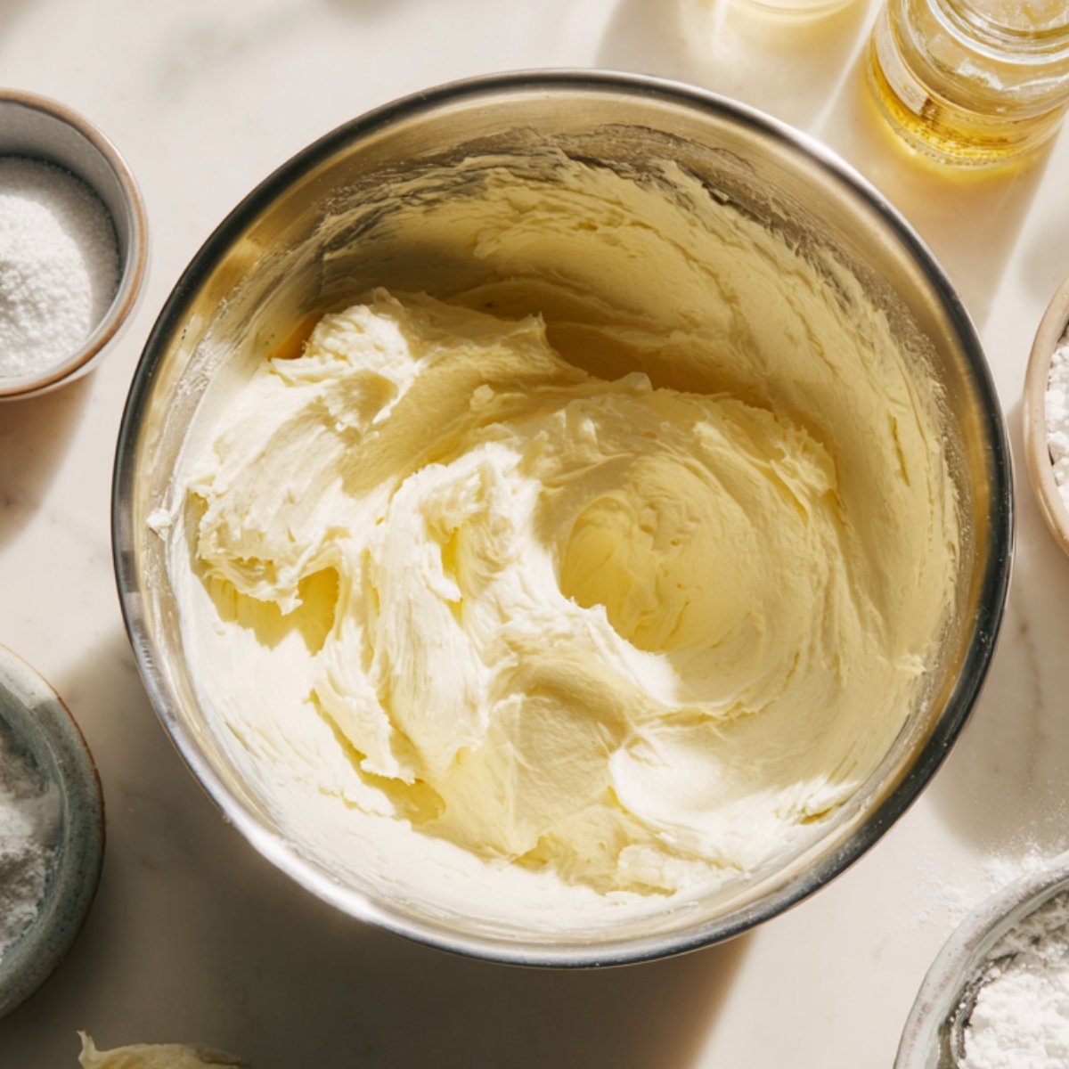 A metal mixing bowl filled with smooth, freshly whipped cheesecake filling on a light kitchen surface, surrounded by ingredients like powdered sugar, vanilla, and lemon juice.