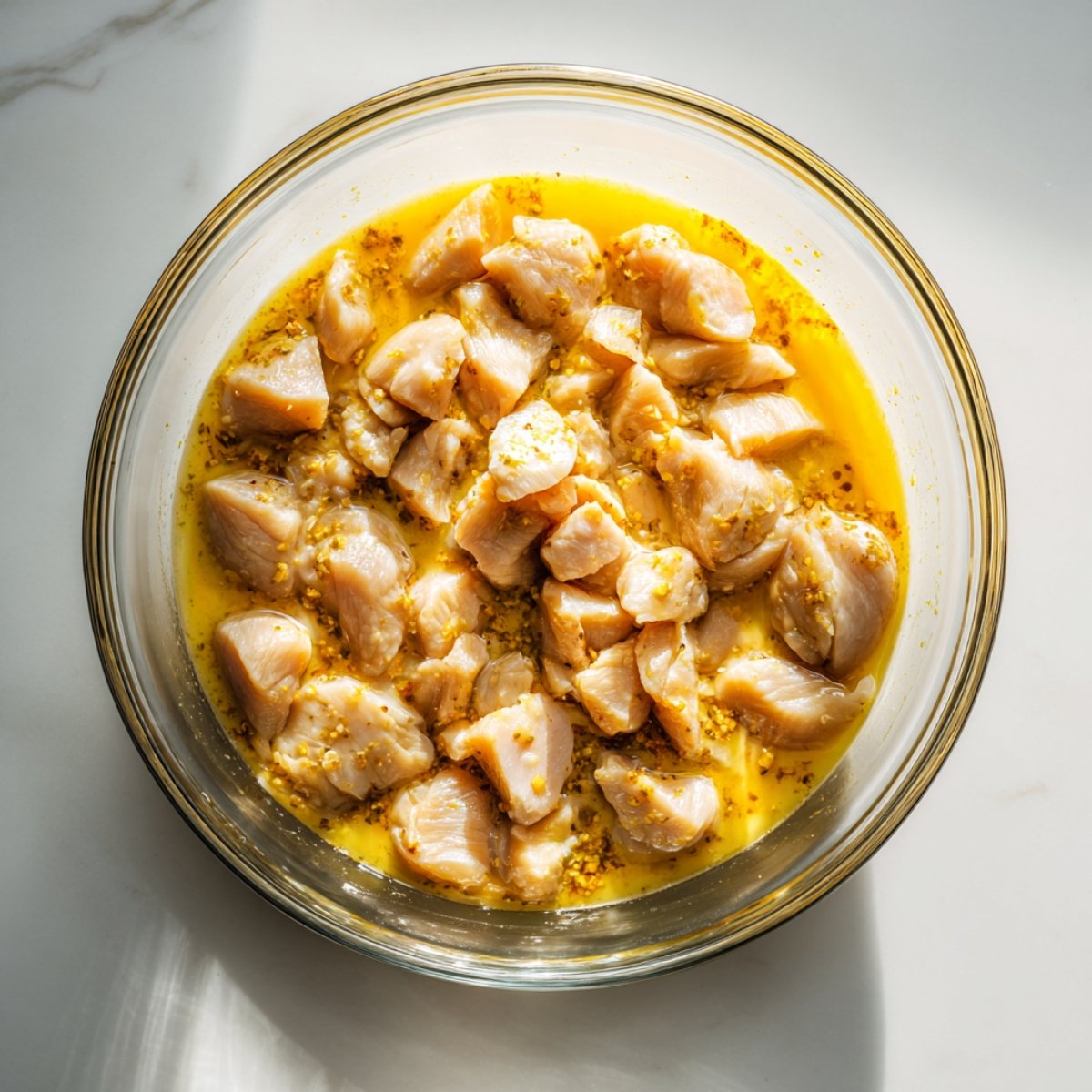 Raw chicken pieces marinating in an egg and seasoning mixture in a glass bowl on a white counter with natural light.