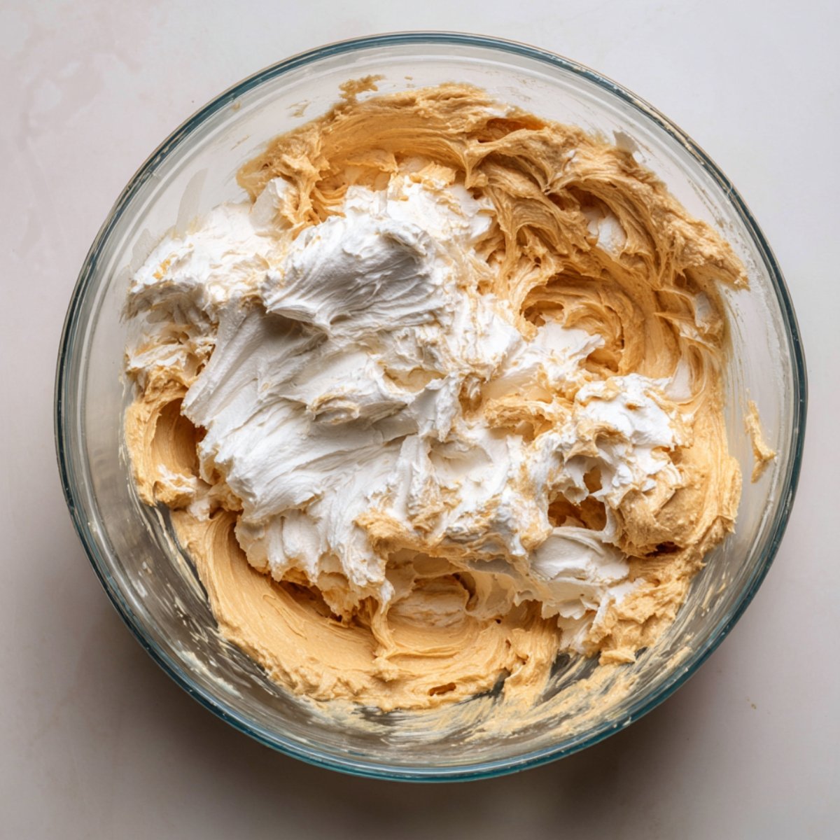 Creamy peanut butter mixture in a glass bowl, partially folded with whipped cream, showing soft swirls and a homemade texture.