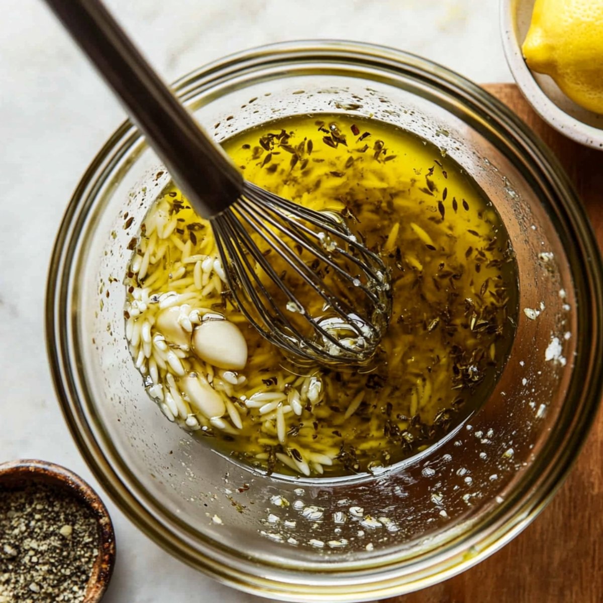 Homemade Greek dressing in a glass bowl with olive oil, garlic, herbs, and a whisk, ready for mixing.