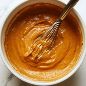 Pumpkin pie filling being whisked in a white mixing bowl, showing a smooth, creamy texture with visible spice specks on a marble countertop.
