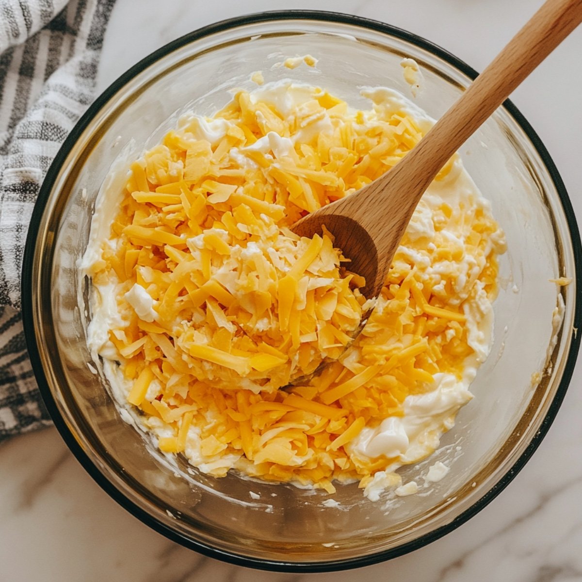 Cheddar cheese and sour cream being mixed in a glass bowl with a wooden spoon, as part of a homemade squash casserole filling.