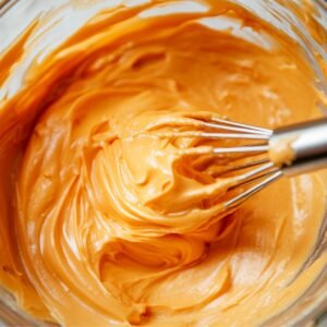 Thick, creamy orange ganache being whisked in a glass bowl, with smooth swirls and a rich homemade texture.
