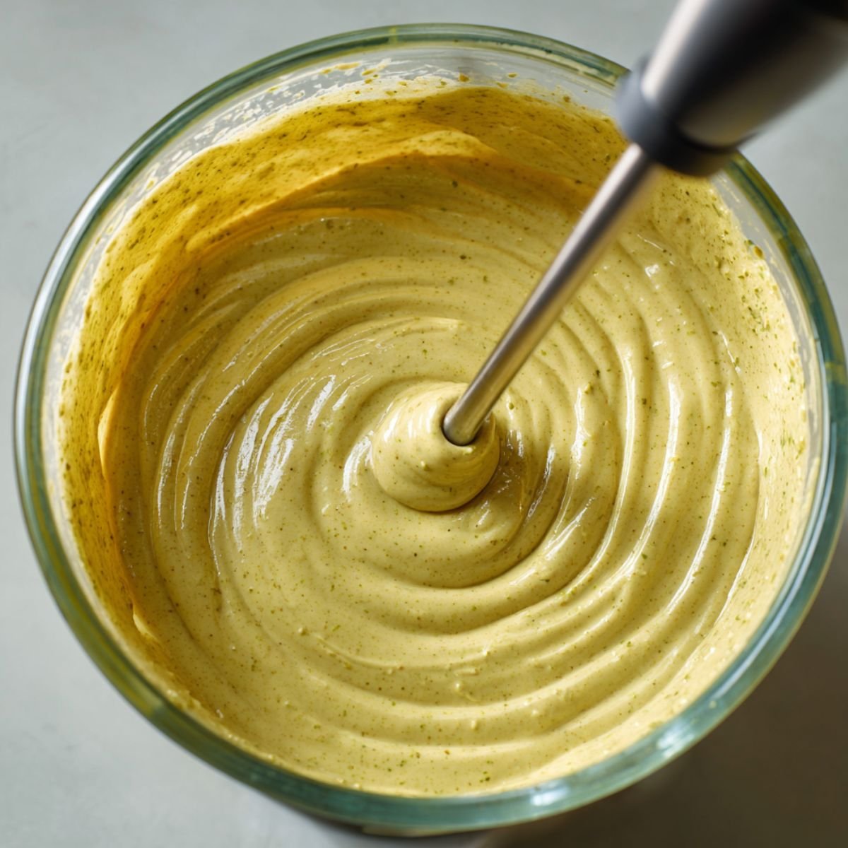 A glass bowl of homemade pistachio macaron batter being blended with an immersion blender. The smooth, golden-green mixture has a glossy texture with specks of pistachio throughout.