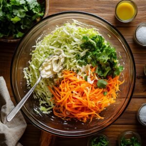 Shredded cabbage, carrots, cilantro, and a spoonful of mayo in a glass bowl, ready to mix for homemade shrimp taco slaw.