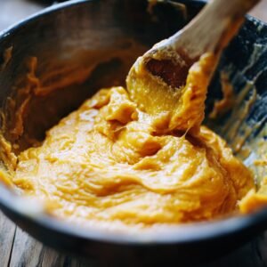 Thick pumpkin cinnamon roll dough being mixed in a metal bowl with a wooden spoon, showing its smooth, golden-orange texture in a cozy homemade setting.