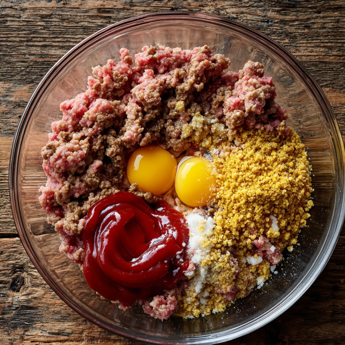 Unmixed meatloaf ingredients in a glass bowl: ground beef, eggs, ketchup, breadcrumbs, and salt on a wooden table.