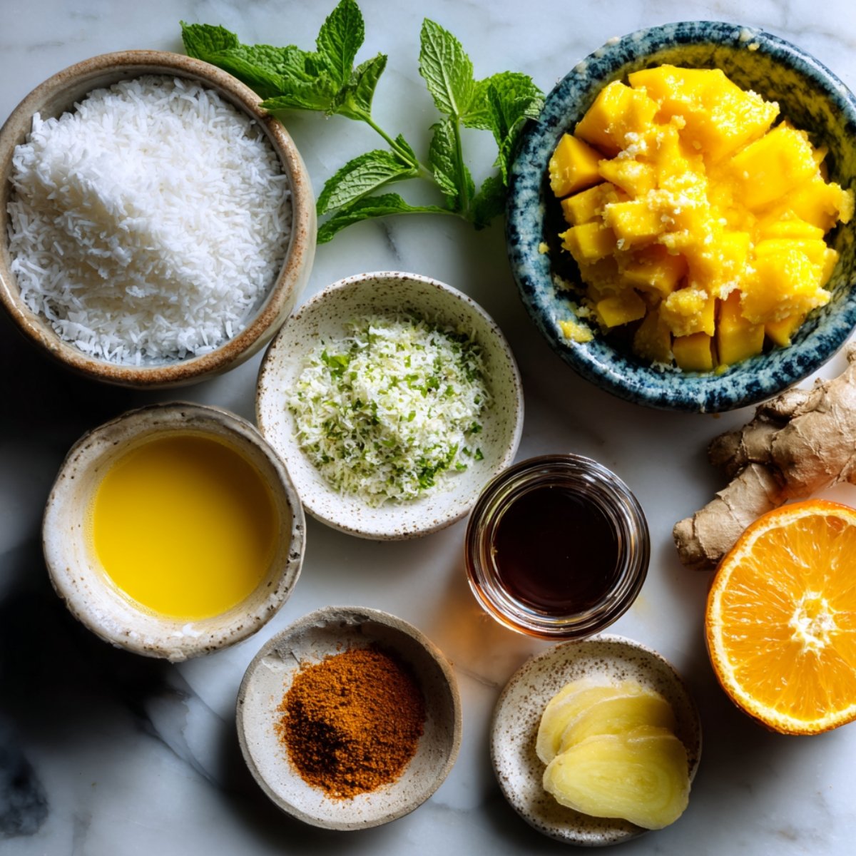 Mango sorbet ingredients on a marble surface: diced mango, shredded coconut, lime zest, orange juice, agave, Tajín, ginger slices, mint, and half an orange.