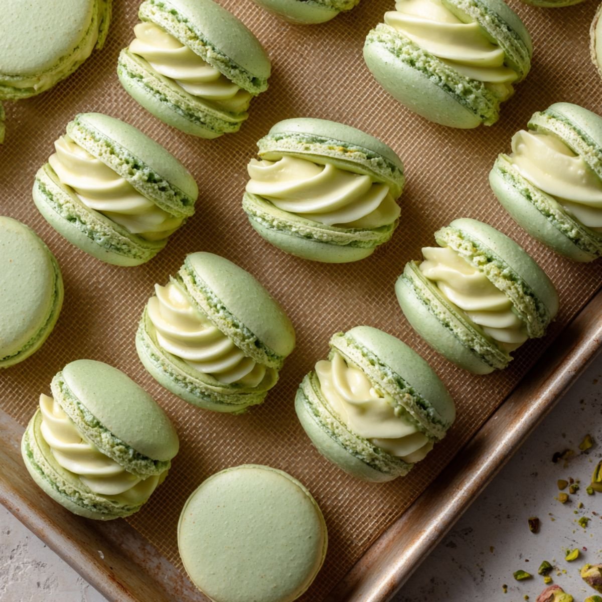Homemade pistachio macarons with pale green shells and piped buttercream filling on a baking mat in a tray, with crushed pistachios nearby.
